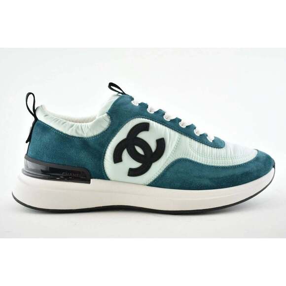 Chanel 21P Blue Green Black Suede CC Lace Up Flat Runner Trainer Sneaker 40.5 - Picture 1 of 9